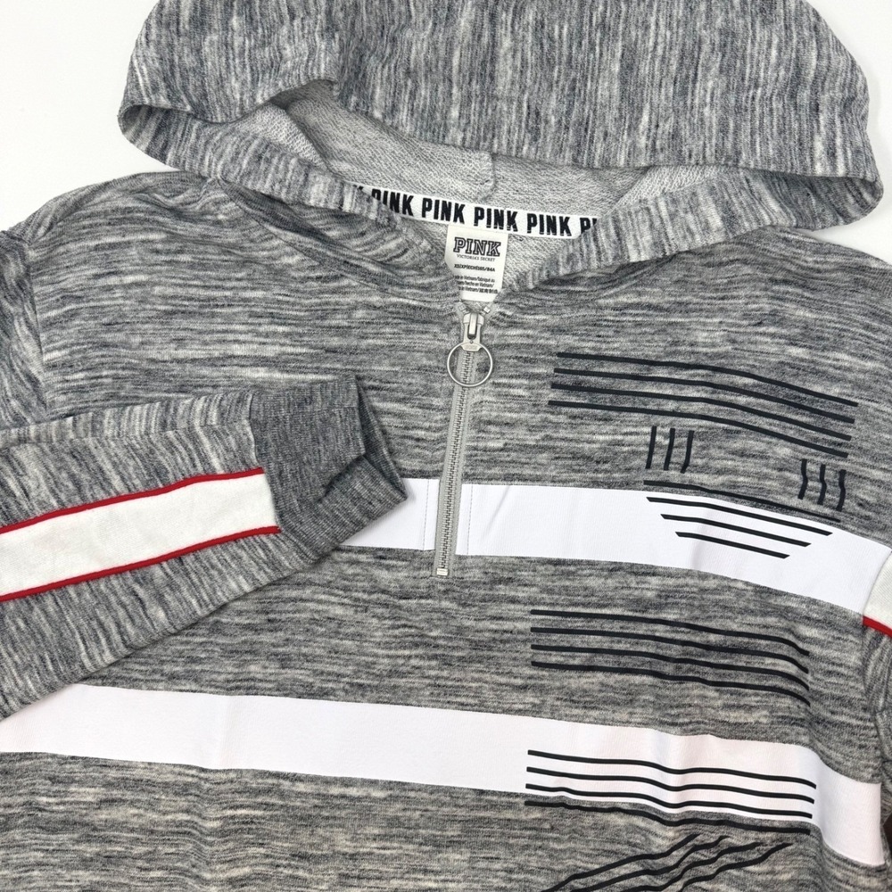 Victoria's Secret PINK Womens XS 1/4 Zip Hoodie Space Dye Grey Striped Logo